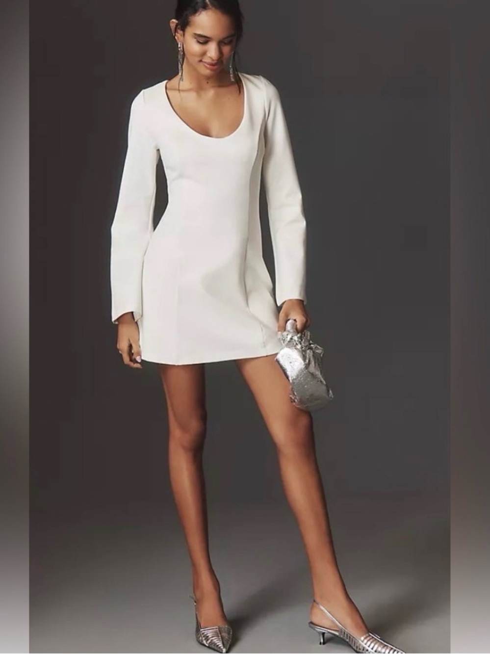 Anthropologie Cream Scoop-Neck Long-Sleeve Mini Dress